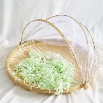 

New Hand-woven Bamboo Insect-Proof Dust-Proof Basket Picnic Round Dustpan Vegetable Fruit Bread Mesh Gauze Cover Basket