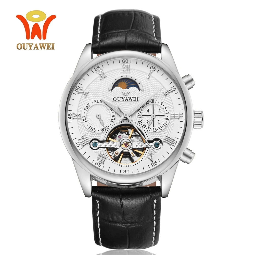 

OUYAWEI Automatic Mechanical Men Wristwatch montre homme Leather Strap Classic Luxury White Skeleton Tourbillon man Watches