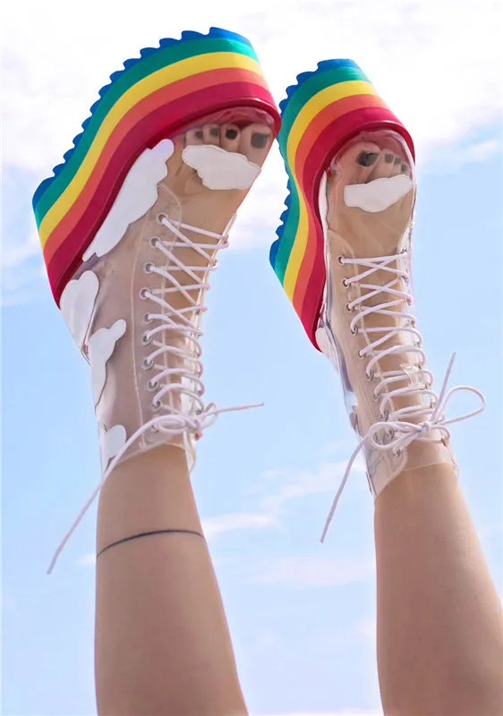 레인보우 두꺼운 플랫폼 클라우드 스타 레이스업 앵클 부츠, 투명 PVC, 컬러풀한 밑창, 여성 늘어나는 투명 부츠 신발
