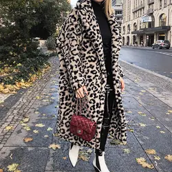Звездное качественное роскошное длинное леопардовое пальто с отворотом большого размера для женщин 2019 Европейская и американская зимняя