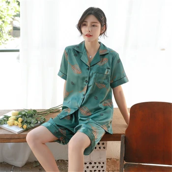 

Pajamas lady imitation silk pajamas suit casual comfortable short-sleeved shorts printed home service ночной комплект