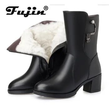

Fujin Wool Women Snow Boots Mid Calf Warm Genuine Leather Fur Warm Shoes Leather Plush Mid Calf Boots Platform Women Winter Boot