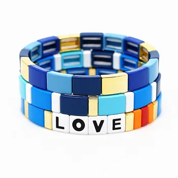 

Shinus Letter Love Bangles Men Stretch Bracelet Blue Enamel Tile Bracelets Boho Popular Pulseras Mujer 2019 Women Summer Jewelry