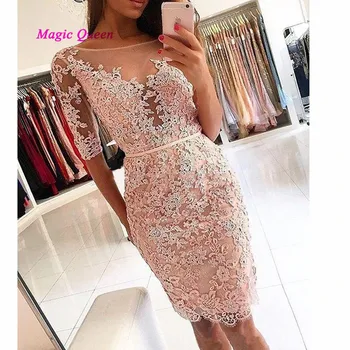 

Christmas Pink Red Short Evening Dresses Half Sleeve Lace Cocktail Party Dress Knee Length Sheath Beads Vestido de Festa Curto