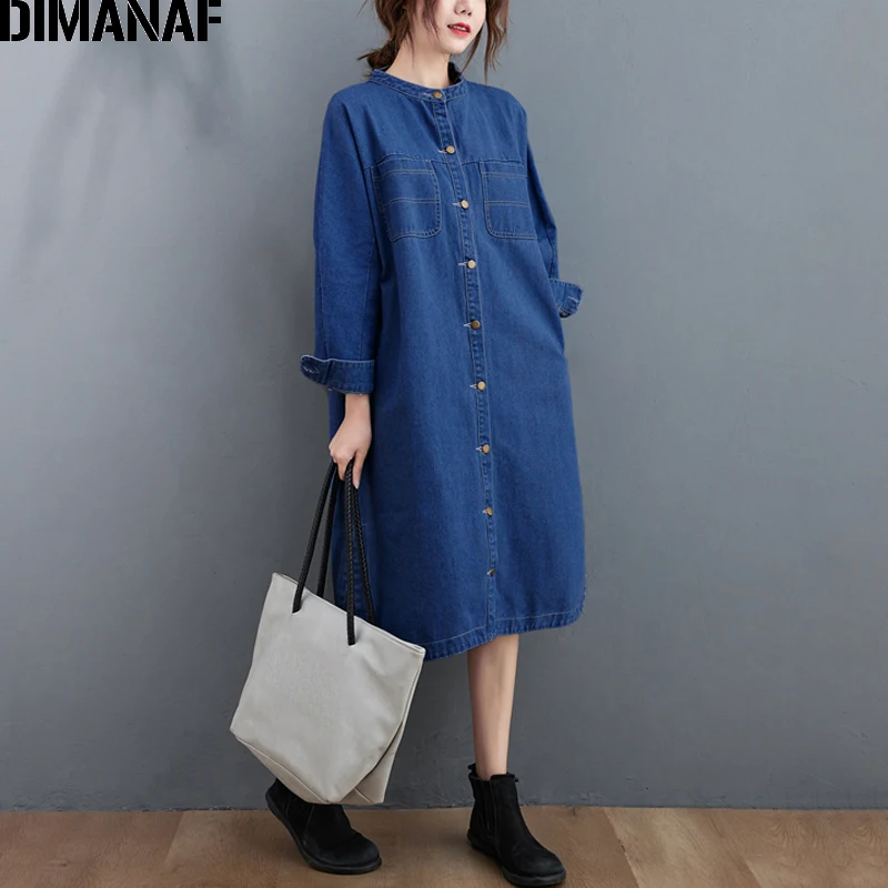 

DIMANAF Plus Size Women Jeans Coats 2021 Spring Solid New Denim Jacket Long Coats Blue Shirt Dress Big Size Female New Outerwear