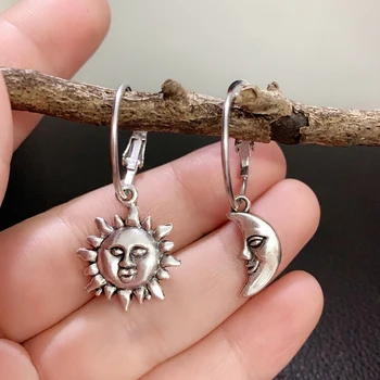 

Sun and Moon Earrings Women , Asymmetrical Dangle Earring, Silver Color Hoops , Celestial Hoop Pendientes ,Star , Female Gift