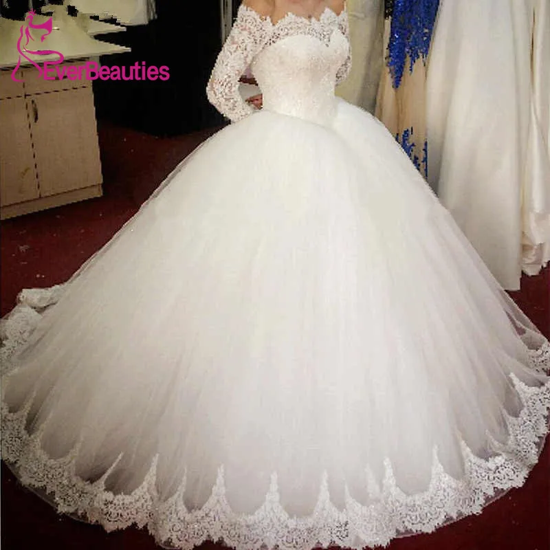 

Ball Gown Wedding Dress Off the Shoulder Vestido De Noiva 2020 Tulle Appliques Long Sleeves Bride Dress Luxury Bridal Gowns