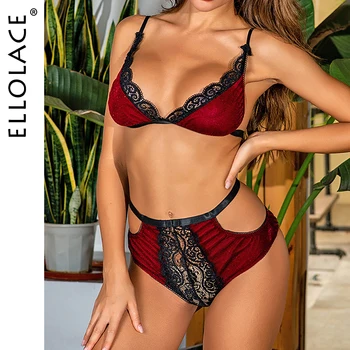 

Ellolace Lace Lingerie Underwear Women Deep-V Lingerie Sexy Hot Erotic Female Push Up Bra Set 2020 See Through Velvet Lingeries