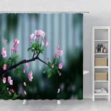 

Spring Landscape Print Shower Curtain Set Fabric Hook Peach Blossom Bloom Nature Landscape Bathroom Curtain Polyester Cloth
