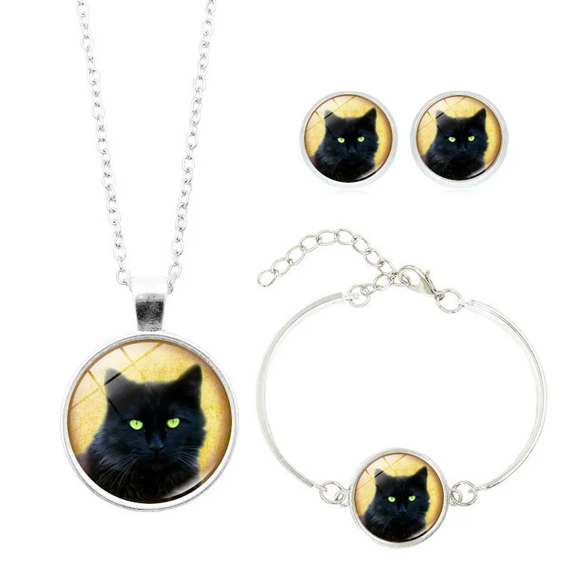 

Hot Sales Retro Kitten Time Stone Necklace Bracelets Ear Stud Ornament Set