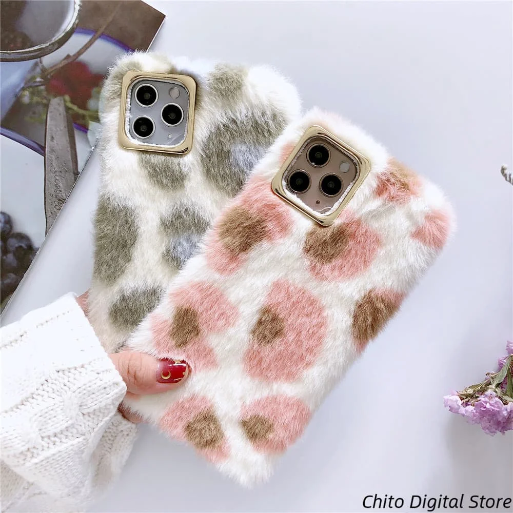 

Luxury Leopard Fluffy Fur Phone Case For iPhone 11 Pro 7 6s 6 8 Plus X XS XR Max Furry Soft PU Plush Camera Protect Back Cover