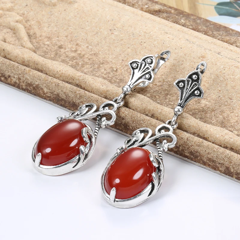 Wbmqda Boho Natural Stone Drop Earrings Tibetan Silver Beach Party Indian Bride Earrings Wedding Jewelry