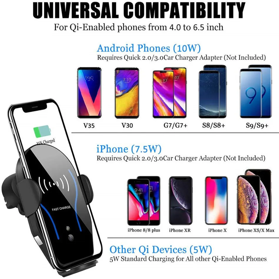 CRDC 10W Qi автомобильное беспроводное зарядное устройство для iPhone 11 pro samsung S10 Xiaomi Mi9 Быстрая зарядка Авто зажимное зарядное устройство держатель для телефона