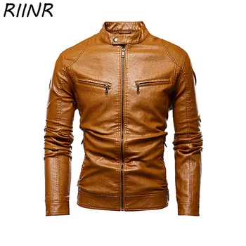 

RIINR New Solid Color Autumn Winter Men's Pu Jacket Stand Collar Thick Warm Streetwear Zipper Coat Man Casual Jackets Male M-5XL