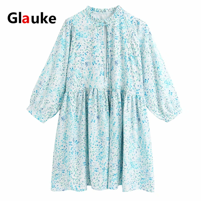 

GLAUKE ladies spring blue print dress loose big size code Bohemian Sundress Women Beach Dress Summer Party Vestido Casual Loose