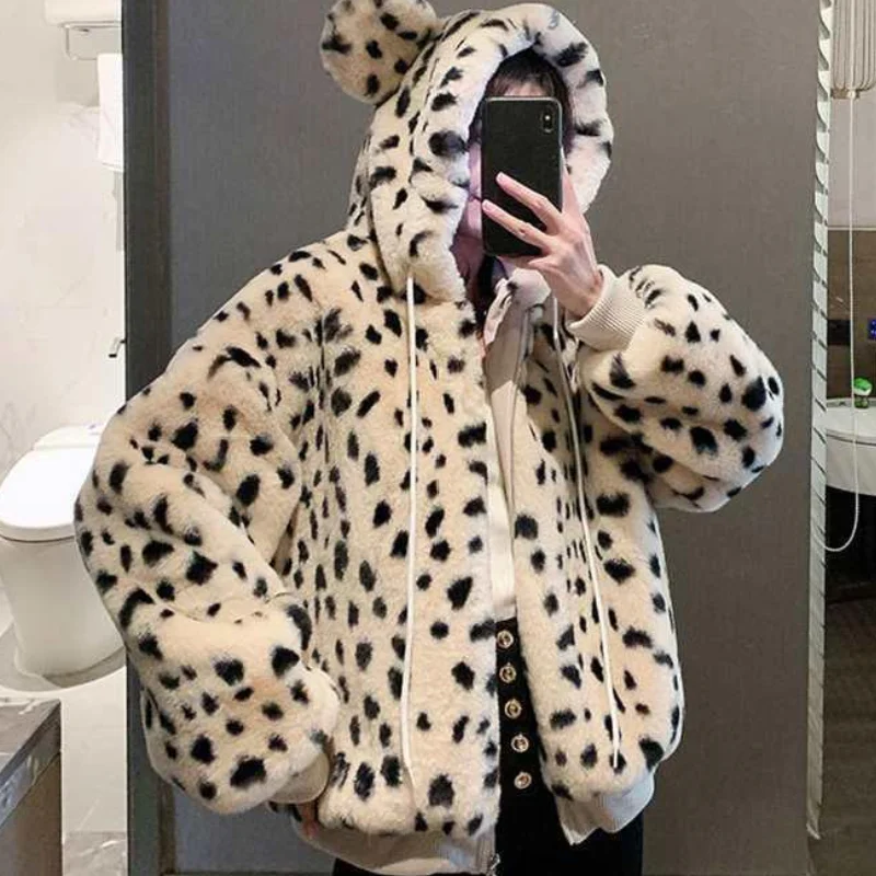 

Autumn winter jacket women sweet cute hooded rabbit ears plush coat loose fashion Leopard print thick warm faux fur coat women