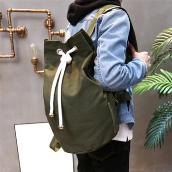 

Casual Men Canvas Large Capacity Barrel Backpack Simple Travel Rucksack String Drawstring Backpacks Army Green Back For Teenager