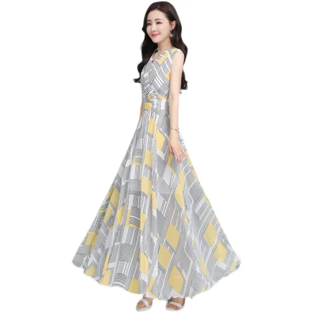 2021 Summer Beach Dress for Women Slim Show Body Temperament V-neck Sleeveless Women Dress Waist Chiffon Plaid Maxi Party Dress 6