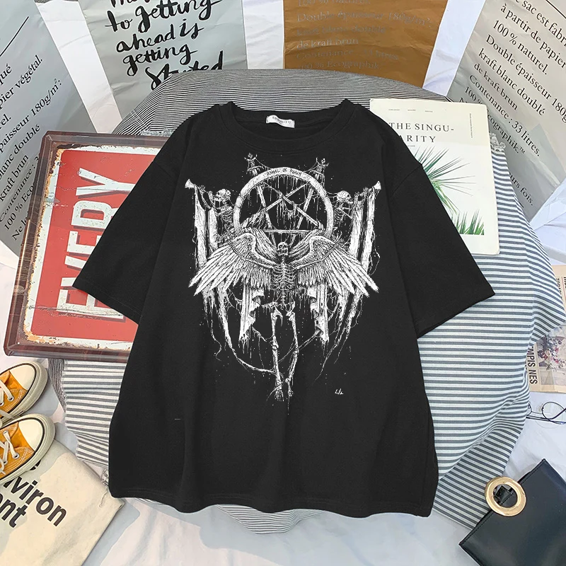 Summer Goth Female Horror Skull Loose men and womenT-shirt Punk Dark Grunge Streetwear gothic Top T-shirts Harajuku y2k clothes white t shirt for men Tees