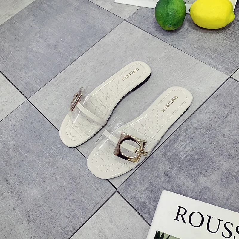 

2019 Spring Summer New Style Transparent CHIC Slipper WOMEN'S Shoes Solid Color Rubber Flat Heel Flat Simple Line-styled Shoes