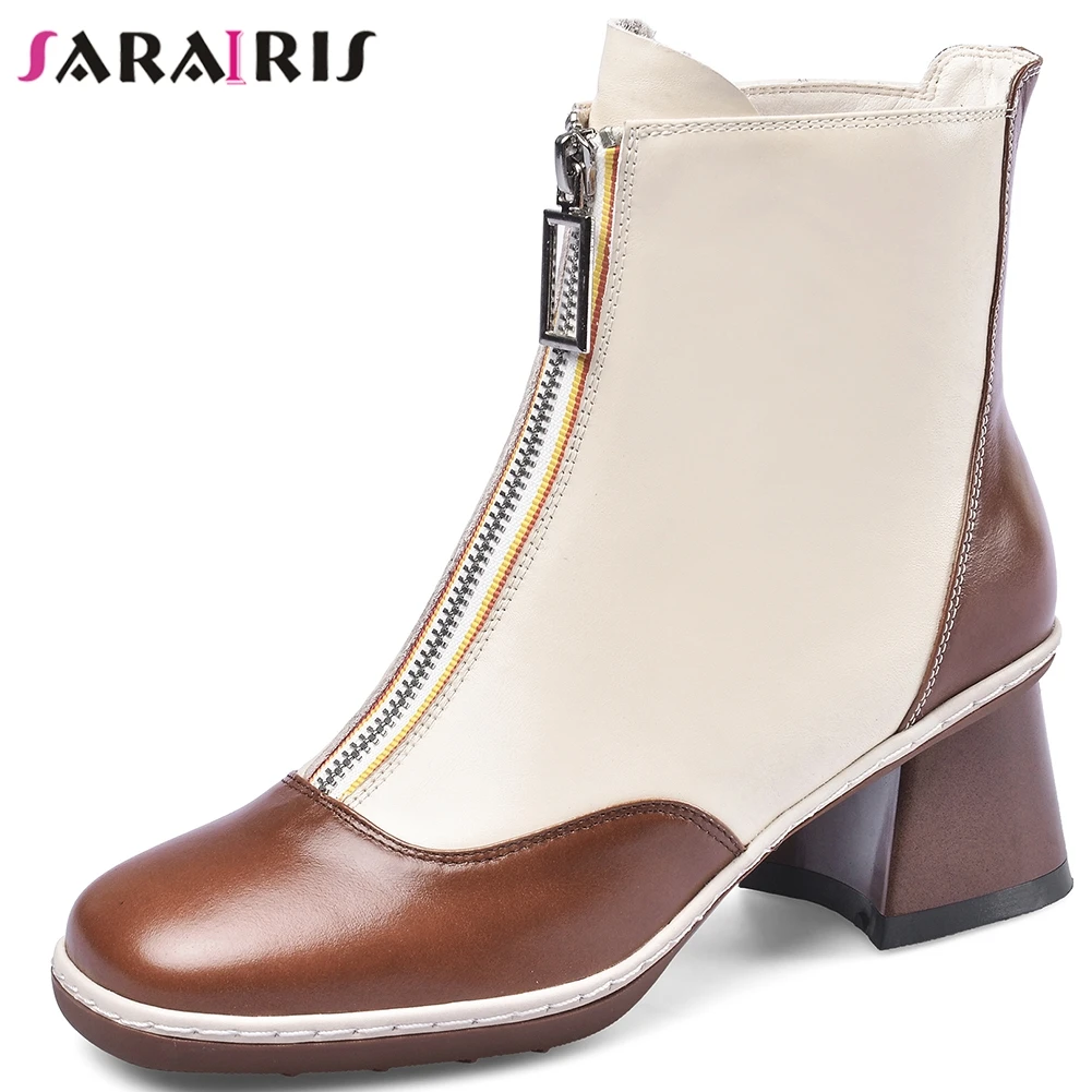 

SARAIRIS New mixed-color Quality Genuine Leather Ankle Boots Women 2020 Brand Patchwork Boots Ladies High Heel Shoes Woman