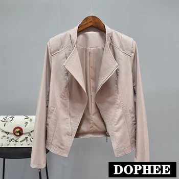 

2019 Autumn New Women's Suit Collar Slimming Short Wash PU Leather Coat Woman Handsome Leather Jacket