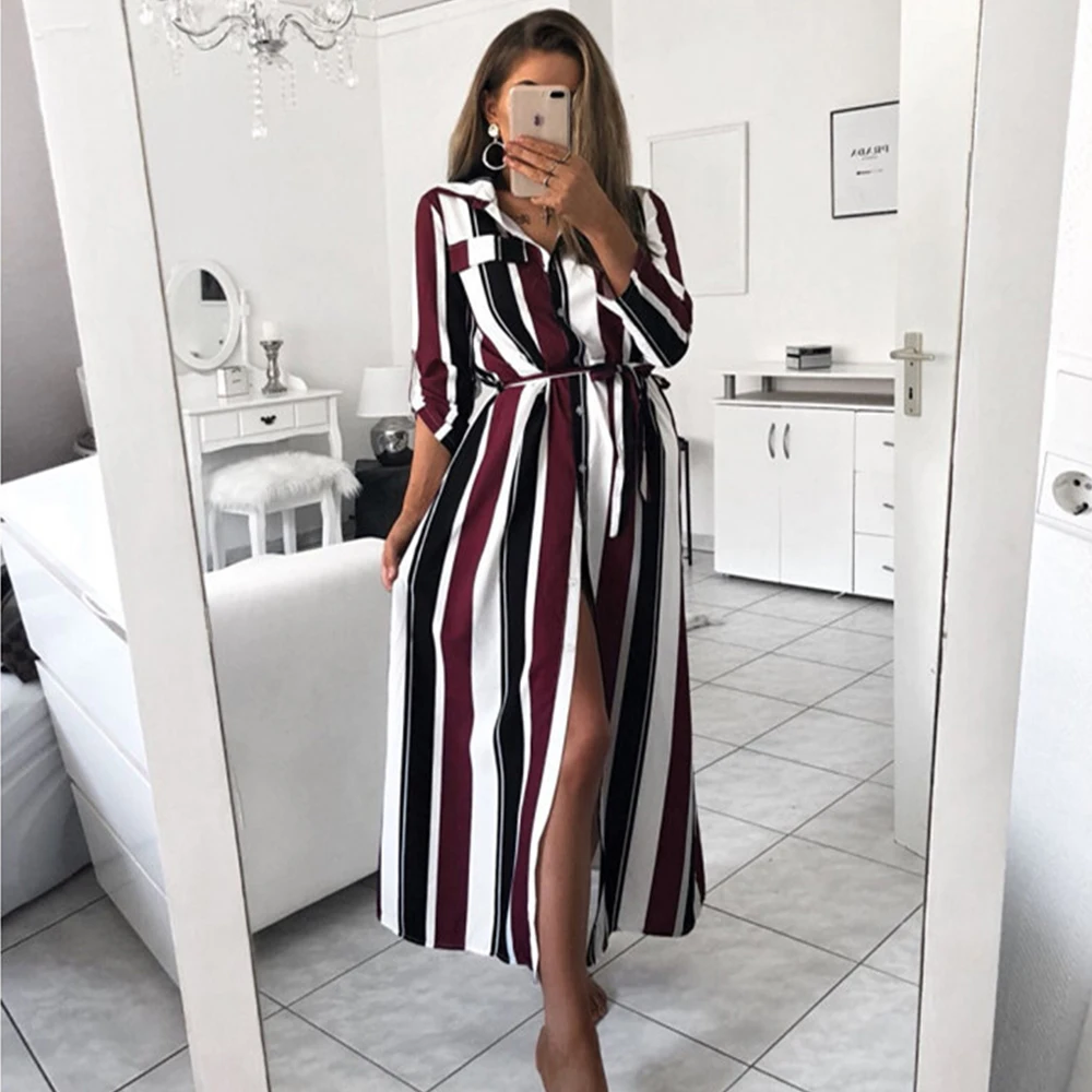 

Striped Dress Plus Size Office Lady Turn-down Collar Long Sleeve Spring Autumn Maxi Dress Elegant High Waist Sashes Robe Femme