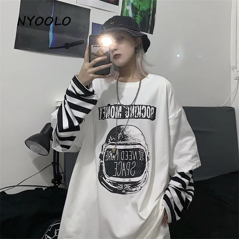 NYOOLO Autumn Vintage Pattern letters Printed fake 2 Pieces tee shirt Harajuku Style Loose Long Sleeve T-Shirt women men Top | Женская