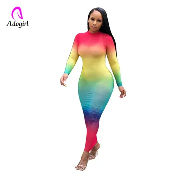 

Adogirl Color Block Dress Skinny Long Sleeve Neon Rainbow Maxi Dress Autumn Women Sexy Mesh Sheer See Through High Neck Vestidos