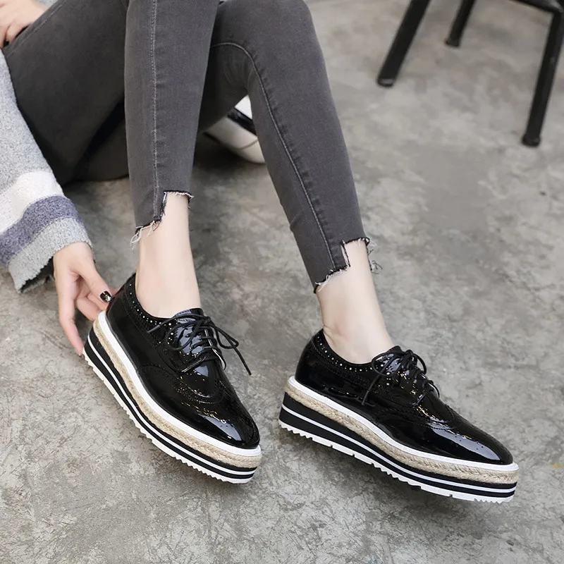 Patent Leather Women Platform Oxfords Brogue Flats Shoes Lace Up Square Toe Brand Female Footwear Shoe For Women Creepers Silver (2)