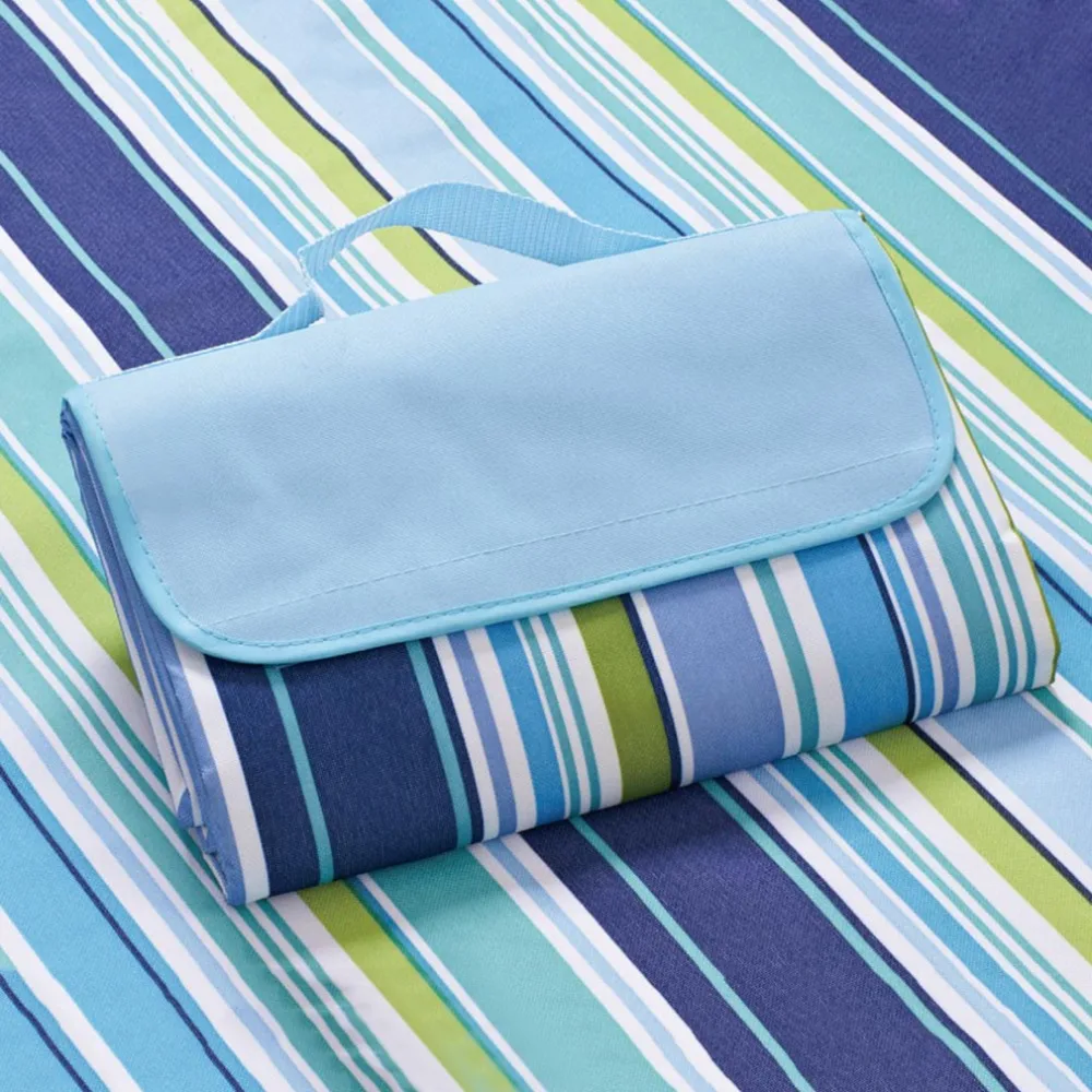 Водонепроницаемый фланелевый коврик для пикника с ремнем для переноски(синие полоски) D