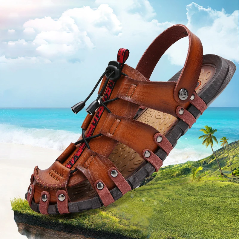 Big Size 47 Men Sandals Summer Beach Shoes Fashion Genuine Leather Sandals Casual Men Shoes Outdoor Sandalias Mens Flip Flops