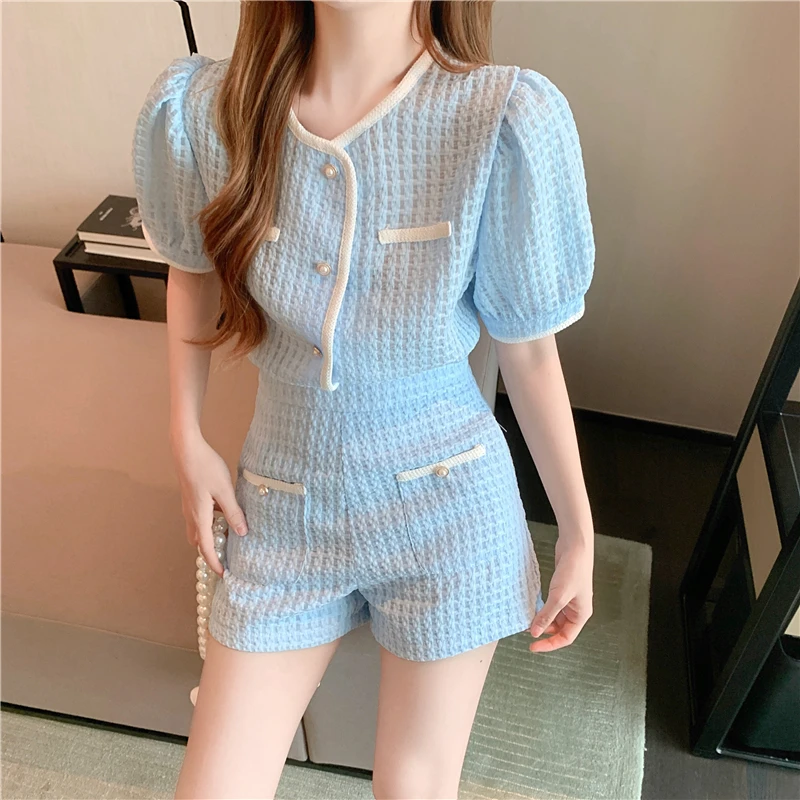 New Summer Elegant Women Blue Shorts Set Fashion Puff Sleeve Single Breasted White  Plaid Top High Waist Shorts 2 Piece Sets co ord sets