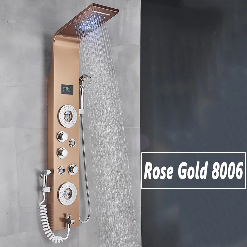 Columna de ducha LED dorada para baño, pantalla de temperatura, sistema de  ducha de masaje multifuncional con PISTOLA DE PULVERIZACIÓN de alta presión