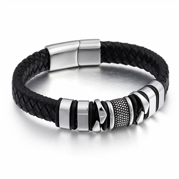 

New Vintage Woven Leather Wrap Bracelets For Men Stainless Steel Geometric Charm Bracelets Male Wholesale Bracelets