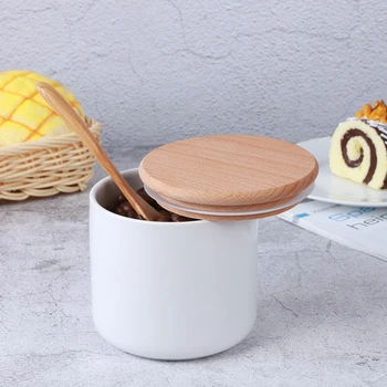 

Kitchen Ceramic Storage Jar with Wooden Cover Simple Style Solid Color Salt Shaker Spice Seasoning Tank
