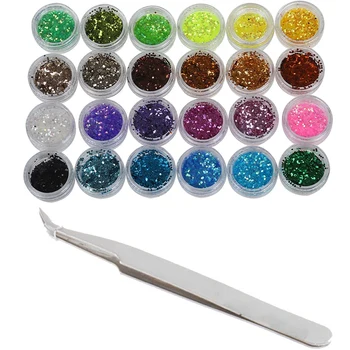 

1x Anti-Static Tweezer Curved Pointed Stainless Steel & 24 Color Sequin Glitter Deco Chips Nail Manicure Acrylic Gel.