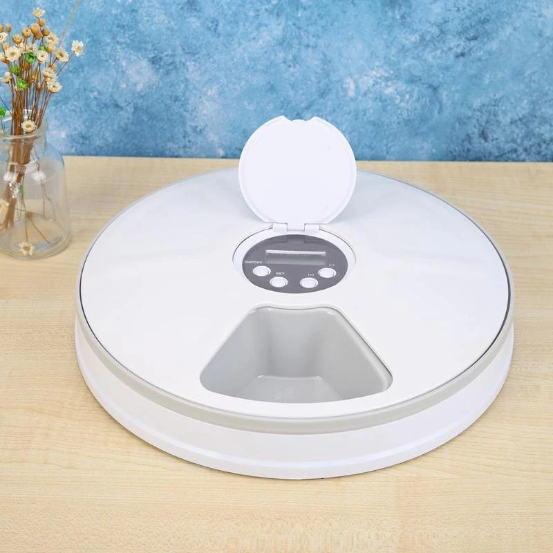 

Simple Cat Dogs Electric Food Dispenser Timing Device 6 Meals 6 Grids Automatic Pet Timing Feeder 30x30x5Cm for Dogs and Cats
