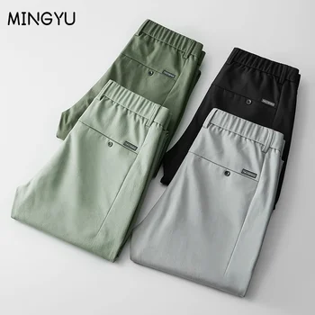 2022 Spring Summer Pants Mens Stretch Korean Casual Slim Fit Elastic Waist Business Classic Trousers Male Black Gray 28-38 1