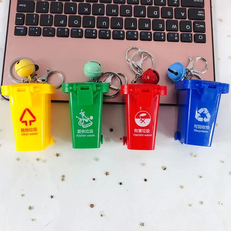 

1PC new Creative Cute Cartoon PVC Refuse classification Trash Can small bell Keychain Car bag Pendant figure toys gift