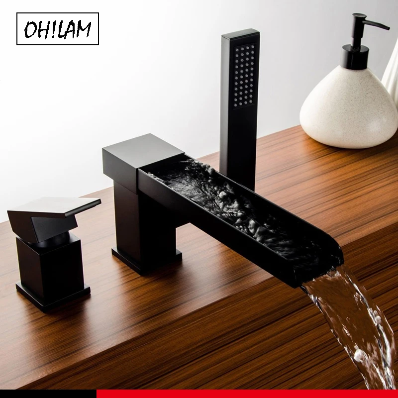 

1-Handle Deck-Mount Waterfall Roman Tub Filler Faucet With Handshower Matte Black