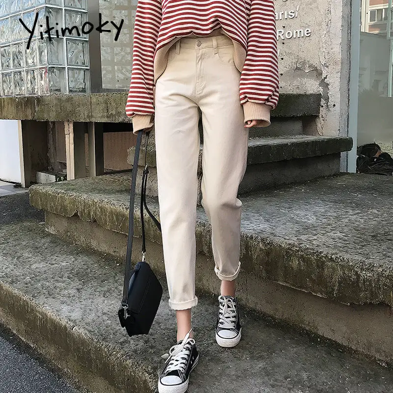 Mom jeans Mujer de cintura alta de talla grande negro blanco beige algodón pantalones vaqueros de estilo boyfriend para mujer pantalones vaqueros harén lavados 2020 moda