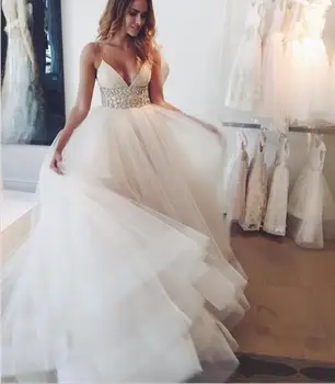 

Simple Beach Wedding Dresses With Sash Beads Sequins Deep V Neck Spaghetti Straps Bridal Dress Tulle Sexy vestido de noiva