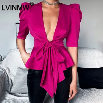 

LVINMW Elegant Pink V Neck Bandage Bow Puff Sleeve Slim T shirt 2020 Spring Women Sexy Ruffle Patchwork Tshirt Female Party Tops