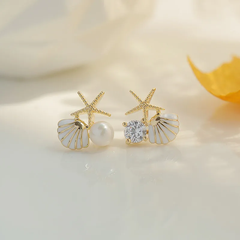 Starfish Shell Stud Earrings for Women Small Cute Imitation Pearl Earrings Banquet Wedding Jewelry