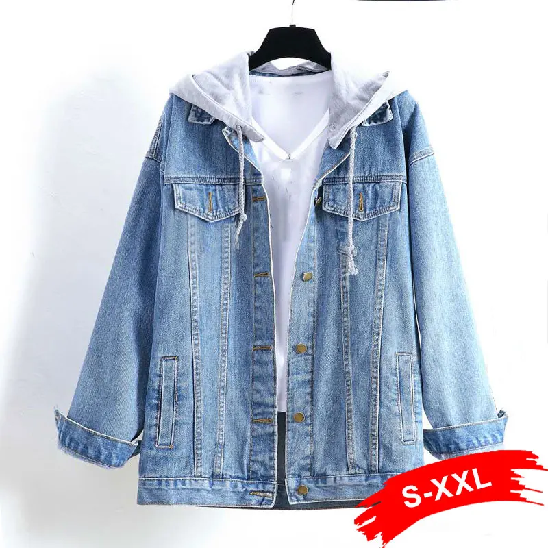 

Spring Women Boyfriend Oversized Denim Jacket 2Xl Xxl Hooded Coat Long Sleeve Casual Loose Jeans Jackets Chaquetas Mujer