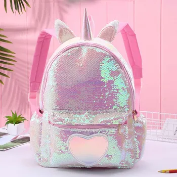 

Girl Sequin Mermaid Backpack Children Large Zipper Unicorn Schoolbag Teenager Hologram Heart Love Backpack For School Travel Bag