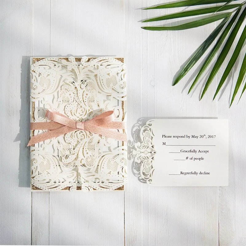  10pcs Pink Wedding Invitation Card Laser Cut Floral Glittering Engagement Baptism Briadal Invitatio - 4.00028E+12