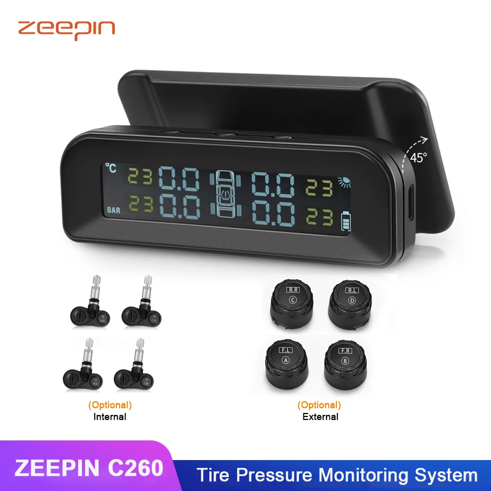 ZEEPIN C260 TPMS солнечная энергия жк-дисплей Система контроля давления в шинах с 4 внешними/внутренними датчиками давления в шинах