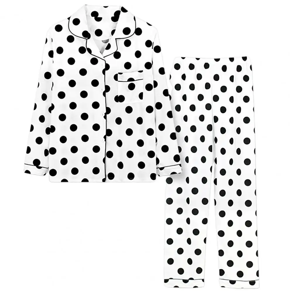 Women Pajamas Set Lapel Elastic Waist Two Piece Dot Print Single-Breasted Blouse Pants for Home Wear Casual